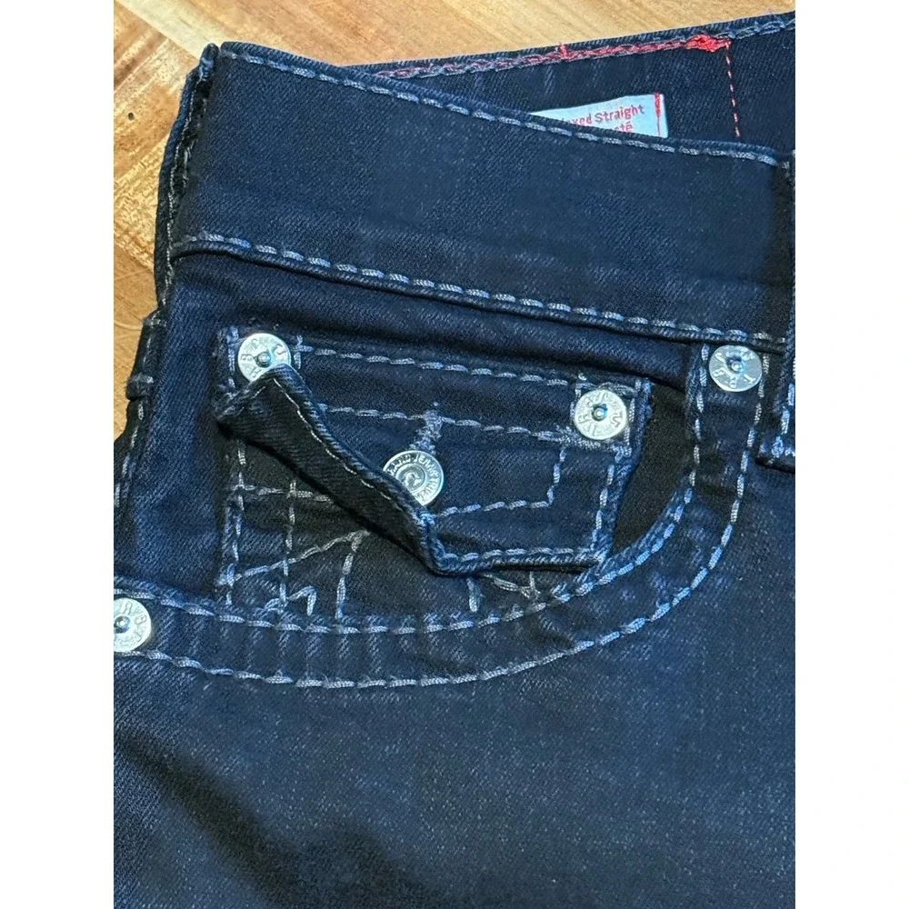 True‎ Religion Jeans 29x32 Dark Blue Big T Flap Pocket Thick Stitch Y2K Selvage